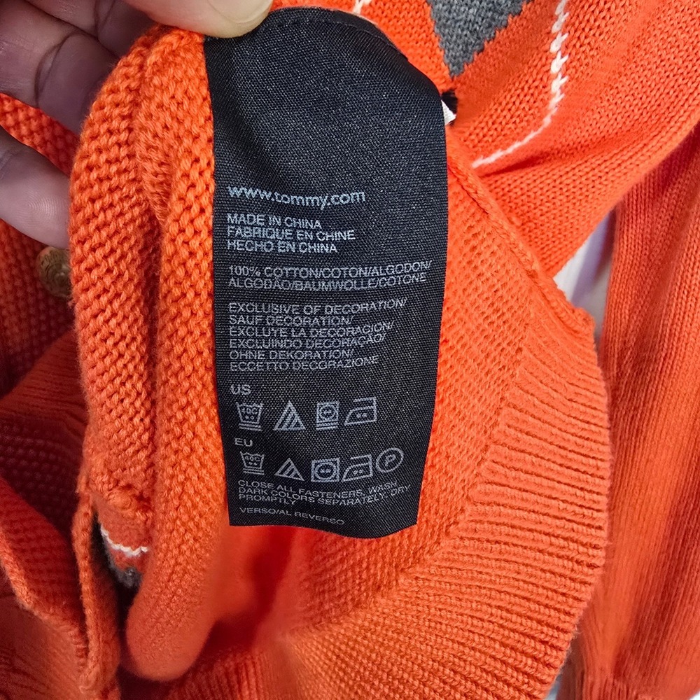 Tommy Hilfiger Orange Argyle Shawl Collar Cardigan Gold Crest Button Sweater M - Picture 7 of 12